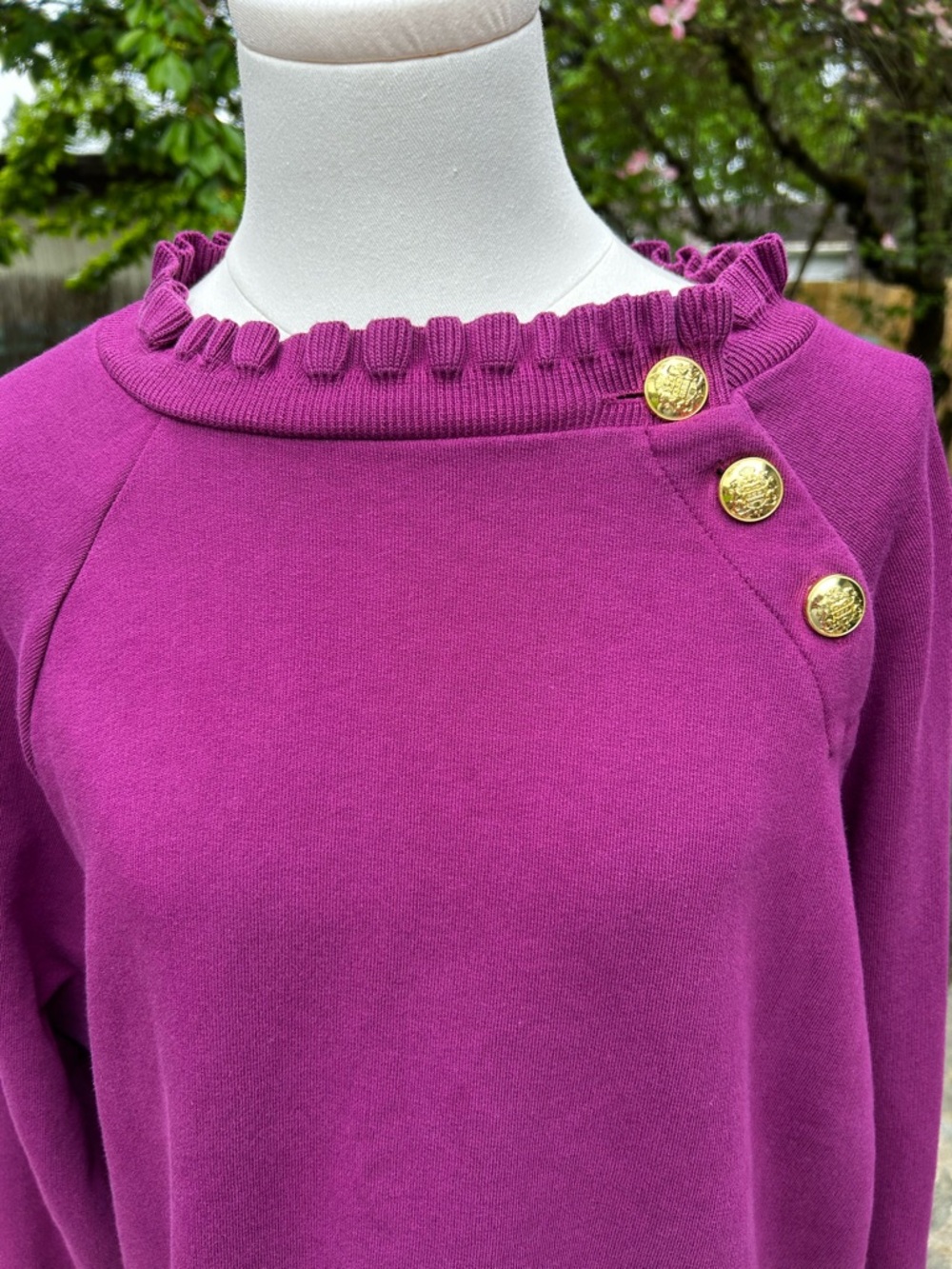TALBOTS Purple Ruffle Neck Pullover with Gold Buttons - Picture 2 of 7